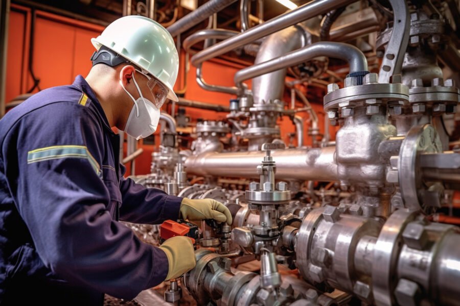 Engineers verify working state in facilities, industrial zone steel pipes and valves, engineers maintain chemical pipeline equipment, Generative AI Engineers verify working state in facilities, industrial zone steel pipes and valves, engineers maintain chemical pipeline equipment, Generative AI